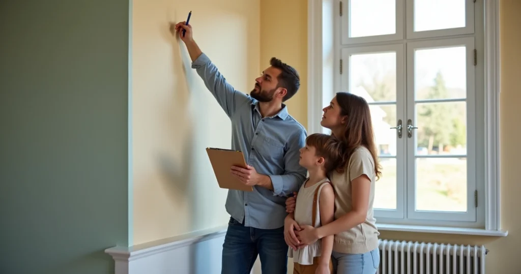 Family with home inspector inside house, checking walls and windows. 
