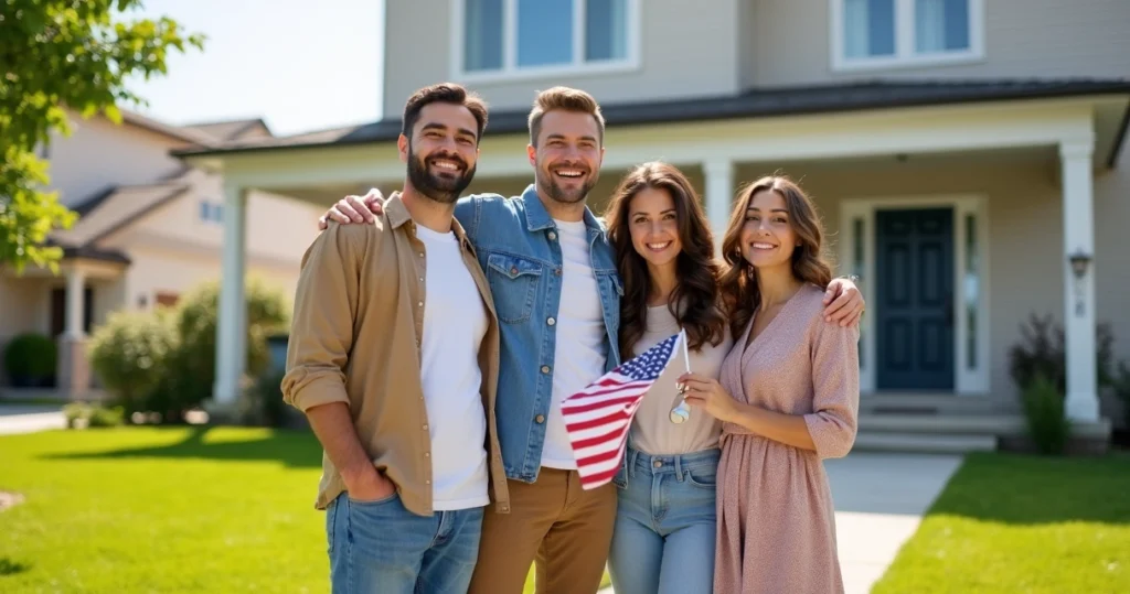 Happy international family outside US home with sold sign on yard 
