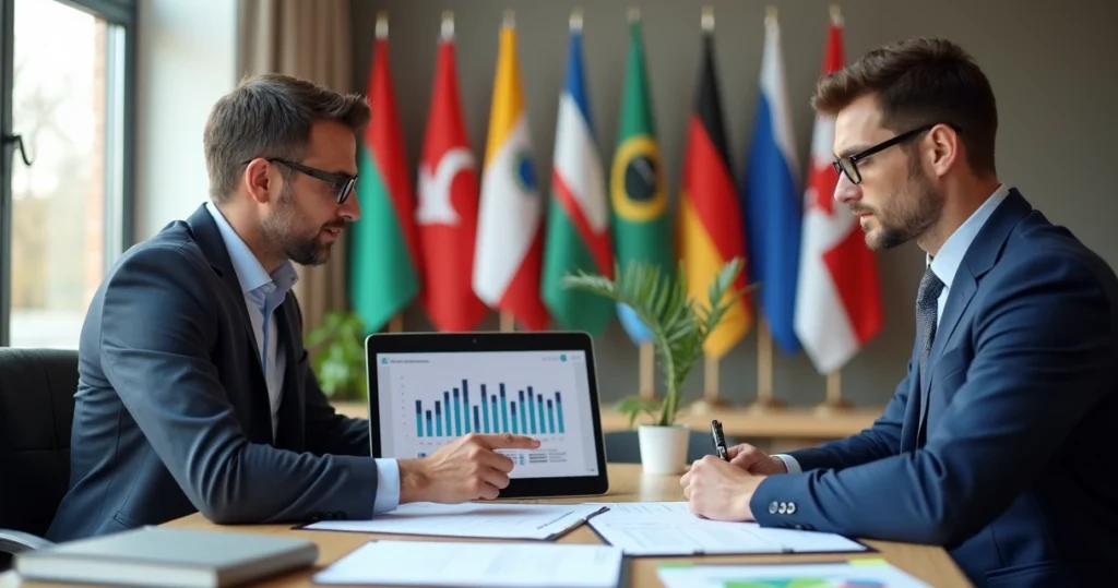 Mortgage advisor consulting international client with charts and documents 