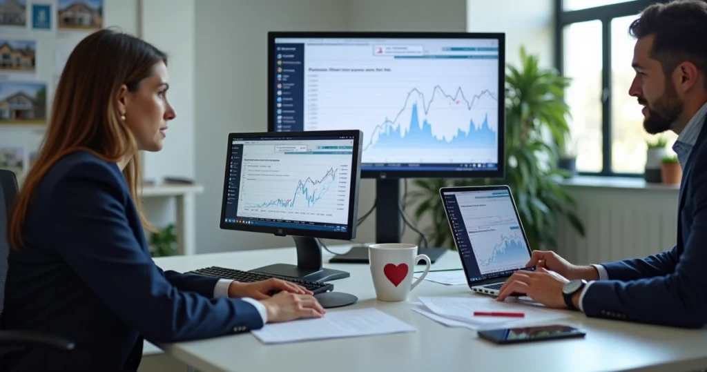 Mortgage professionals monitoring live rate data on computers 