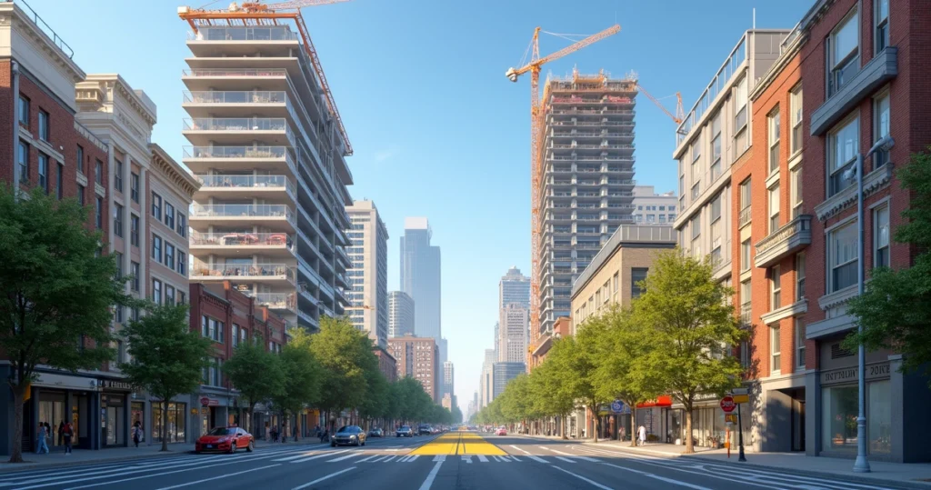 Urban redevelopment area with construction and opportunity signs 