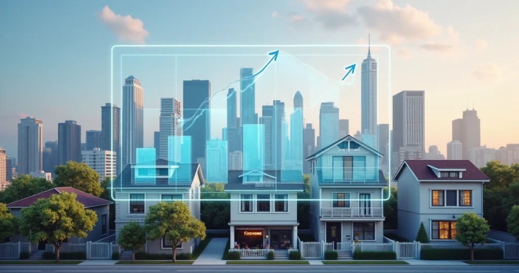 Real estate portfolio with city skyline and various property types 