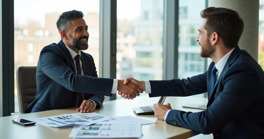 Foreign buyer and US mortgage advisor shaking hands 