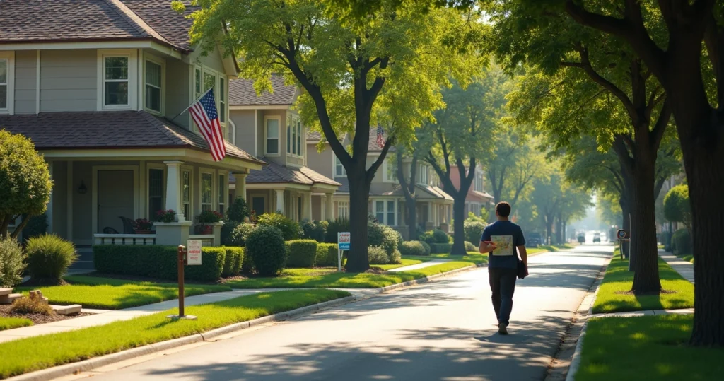 Person exploring a neighborhood with for sale signs on houses