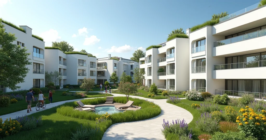 Modern eco-friendly apartment complex with rooftop gardens 