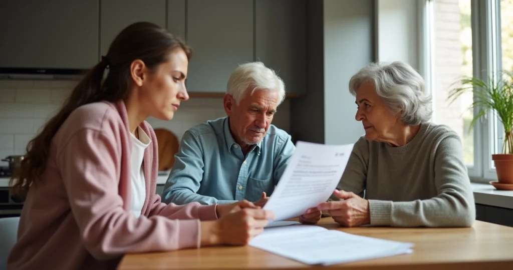 Family discussing inheritance options around table 