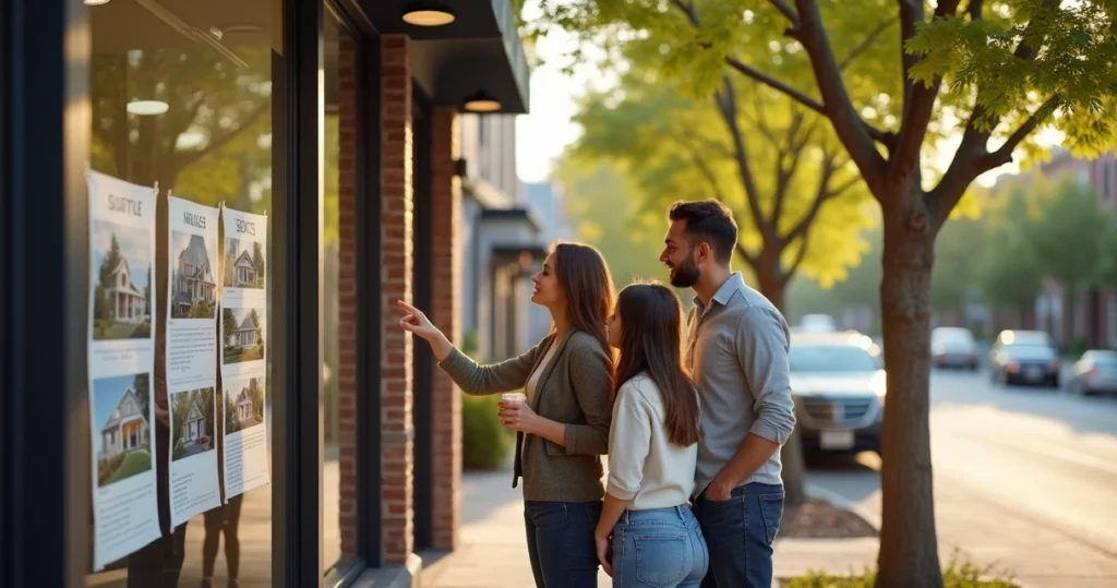 Family looking at house listings on a sunny day 