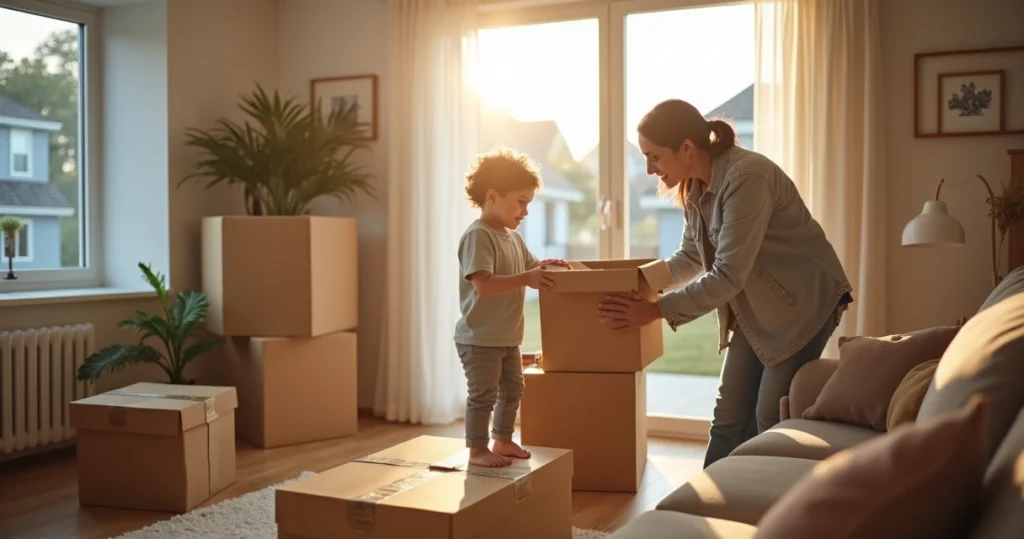Family unpacking boxes in new home 