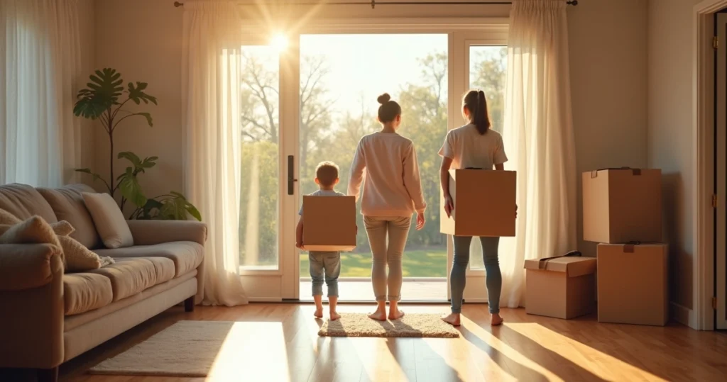 Family carrying boxes moving into a new home living room 