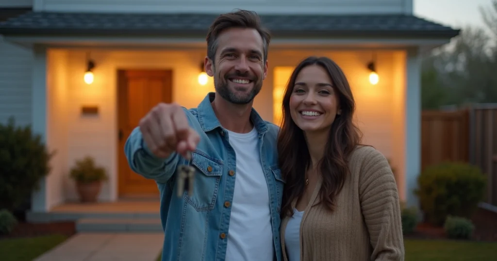 Happy couple holding new house keys outside home 