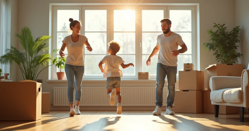 Family with moving boxes in modern living room 