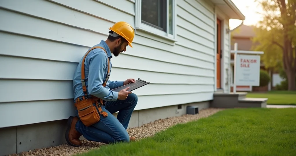 Home inspector checking house foundation outside 