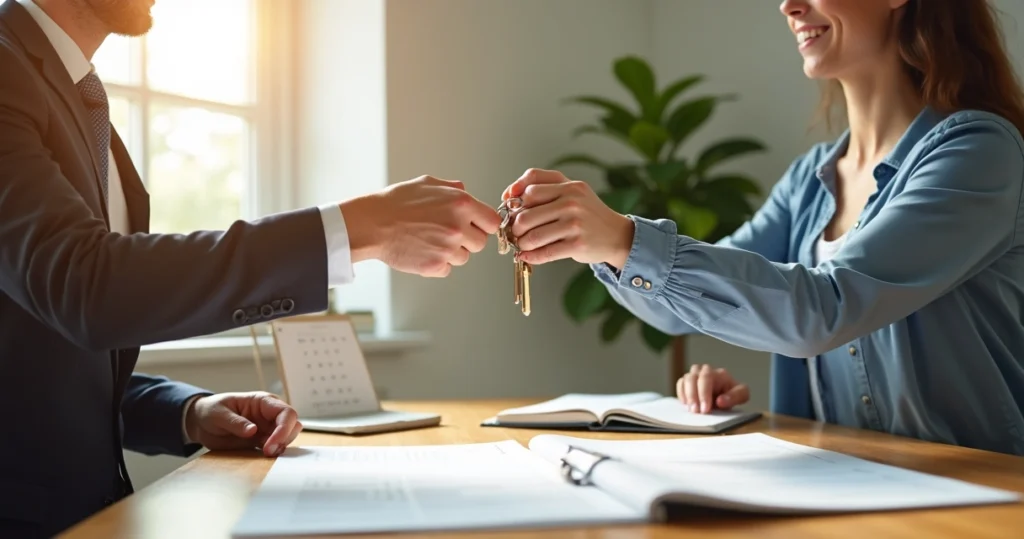 New homeowner receiving house keys at closing 