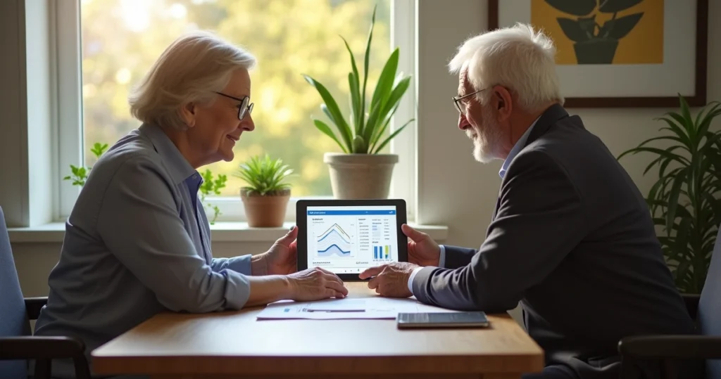 Housing counselor meeting with elderly client over mortgage options 