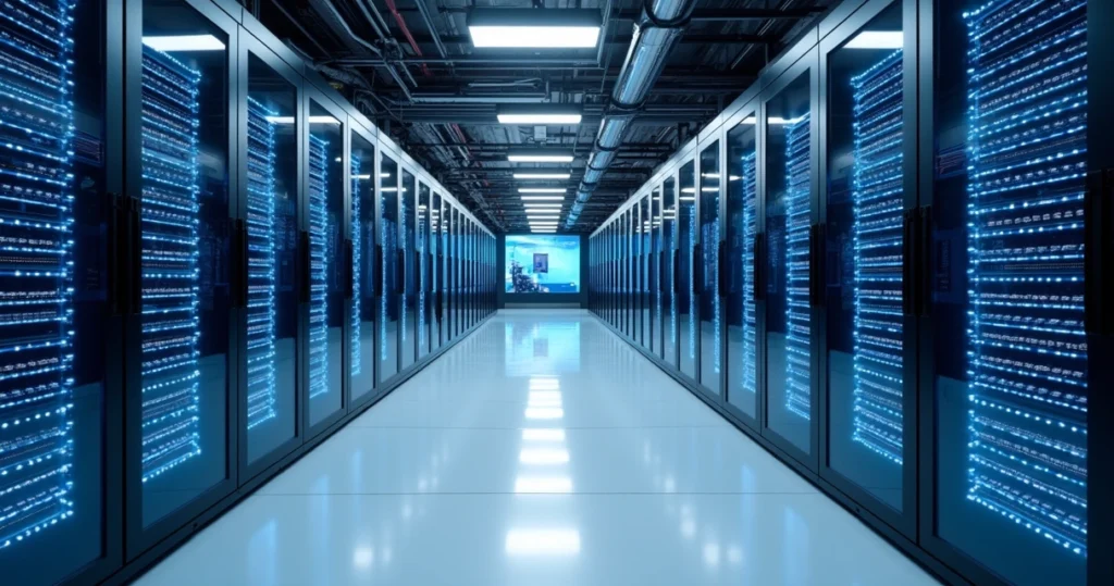Rows of modern data center servers with bright LED lights 