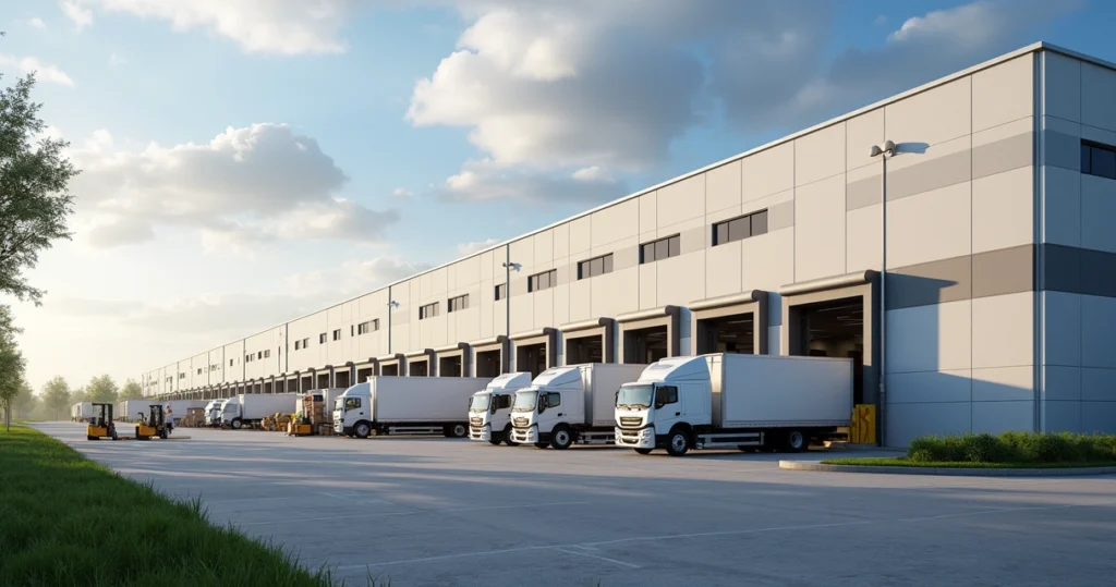 Large modern logistics warehouse with loading docks and delivery trucks 