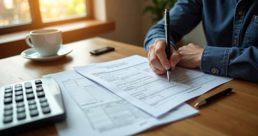 Homebuyer reviewing mortgage documents at desk 
