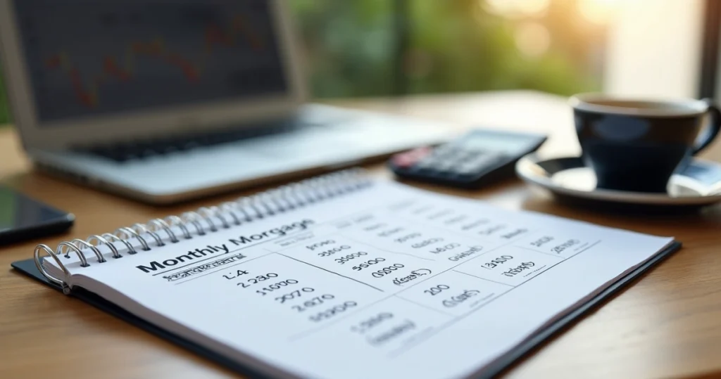 Notepad with mortgage reserve calculations and calculator 