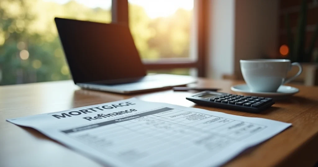 Mortgage refinance paperwork and coffee on a desk 