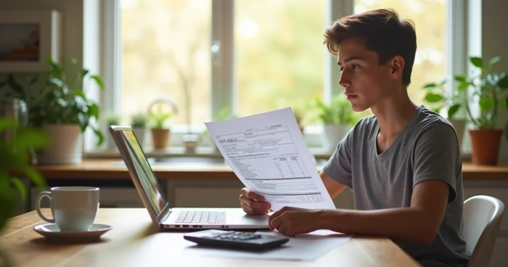 Homebuyer reviewing credit documents at desk 