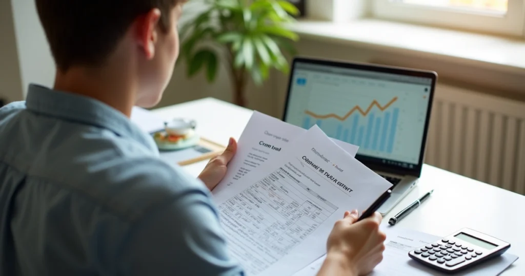 Person checking credit report at tidy desk 