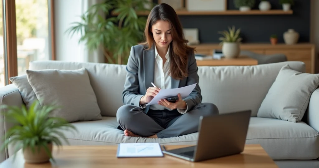 Woman sitting on sofa calculating mortgage and budget 