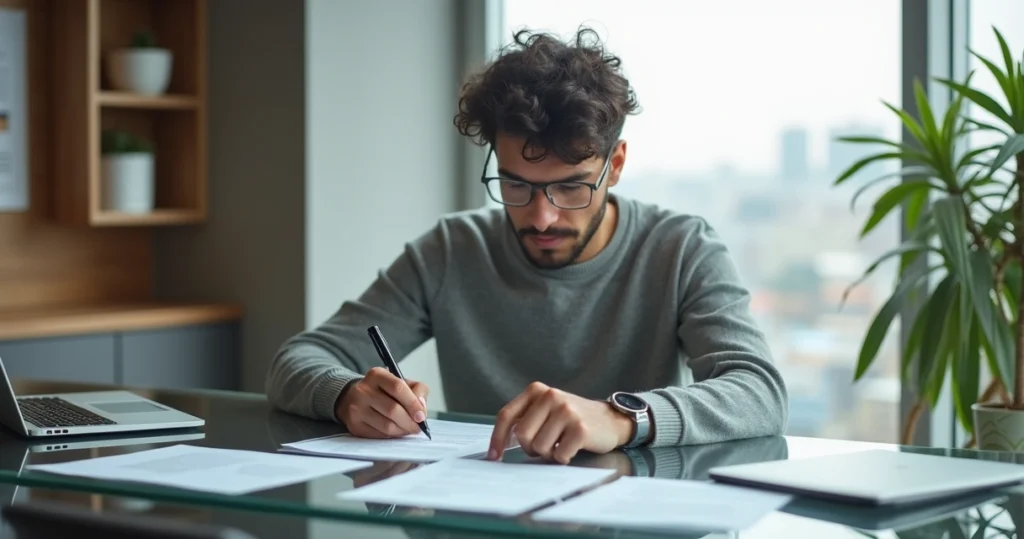 Young adult signing a credit agreement at a modern desk 