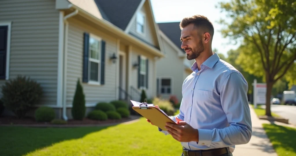 Appraiser evaluating home exterior with checklist