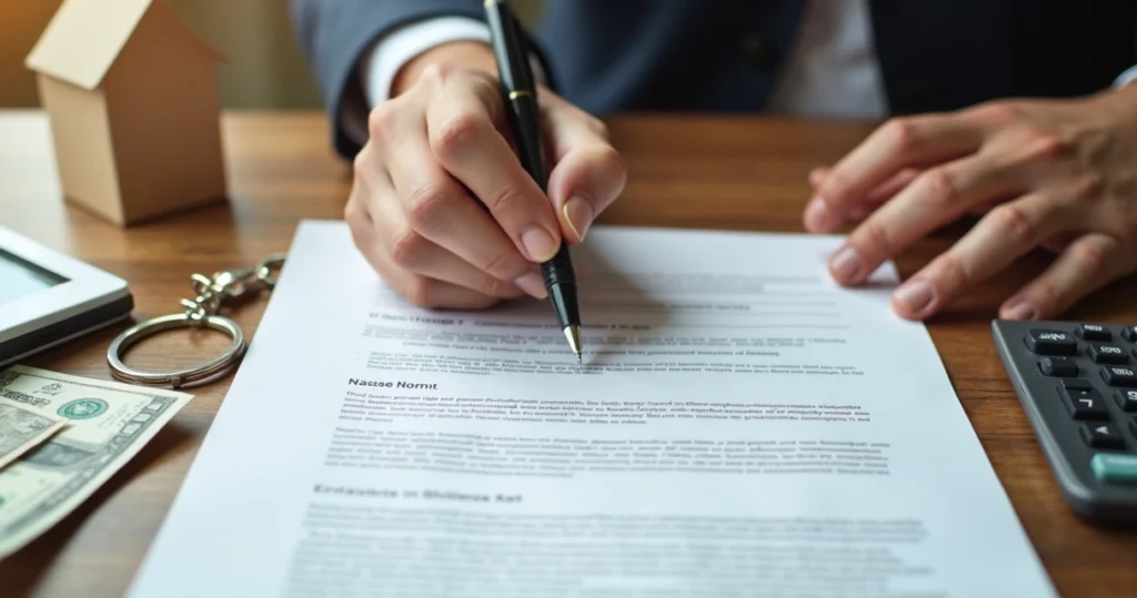 Hand signing home equity loan contract on wooden table 