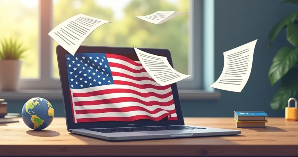 Digital mortgage process illustration with international documents and secure online signing 