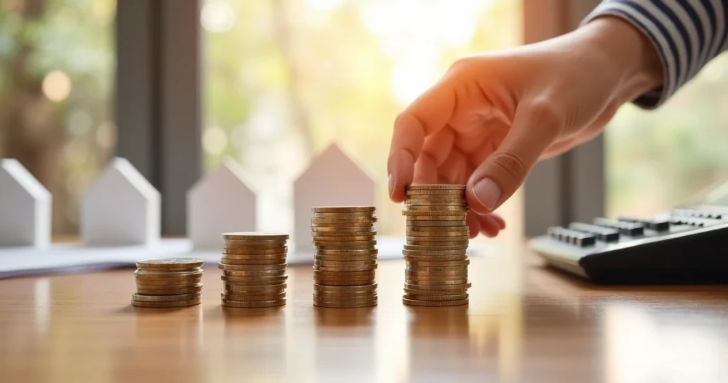 Hands placing different sized stacks of coins on a table 
