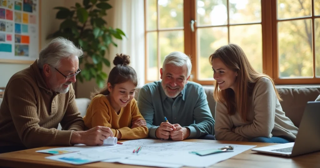 Family planning a home renovation with blueprints in living room 