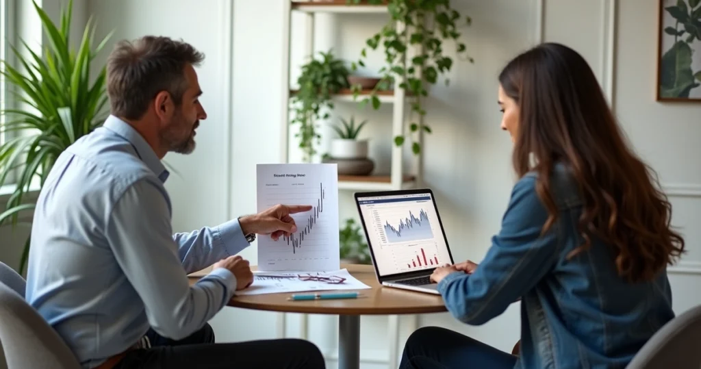 Financial advisor and homeowner discussing mortgage rates in office 