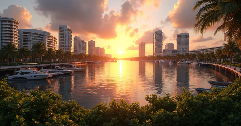 Florida city skyline at sunset, waterfront with buildings and boats 