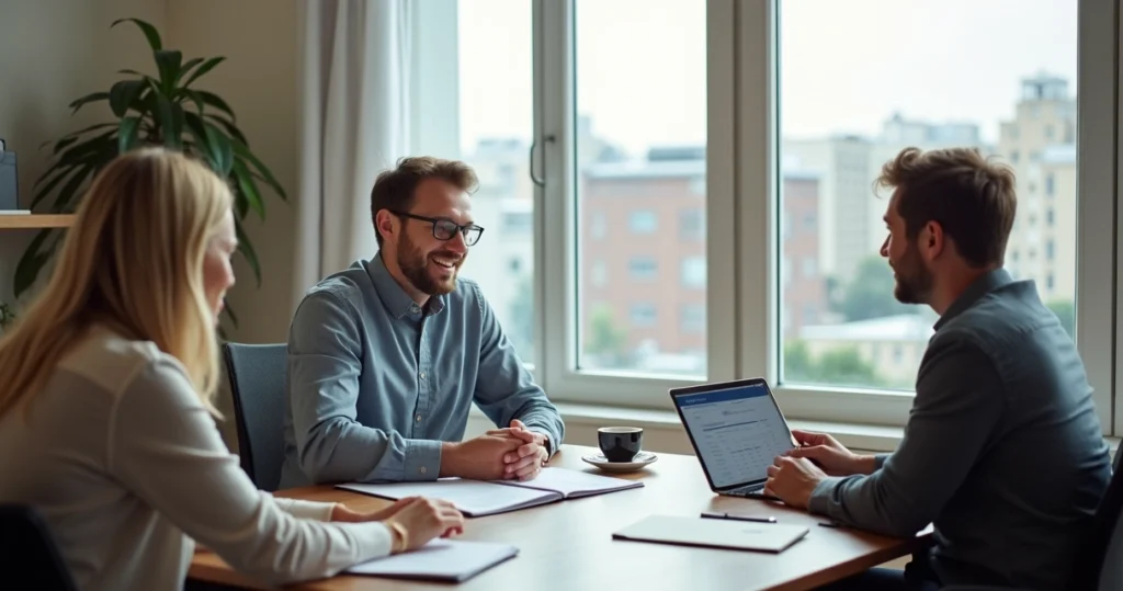 Mortgage advisor speaking with clients at office desk 