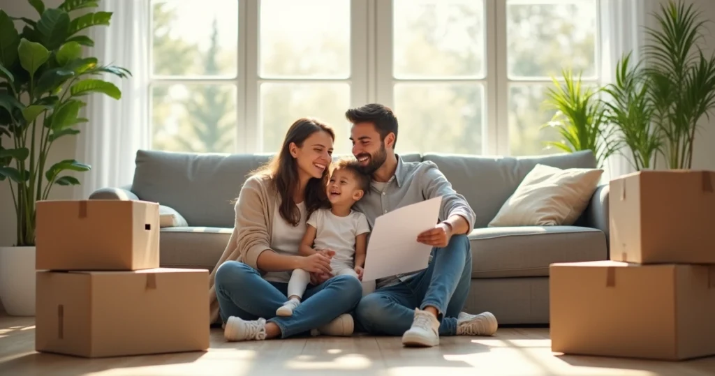 Family with child sitting on living room floor in new home