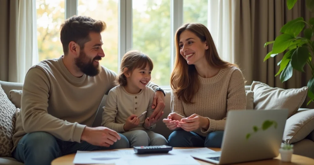 Family at home discussing savings with papers and calculator 