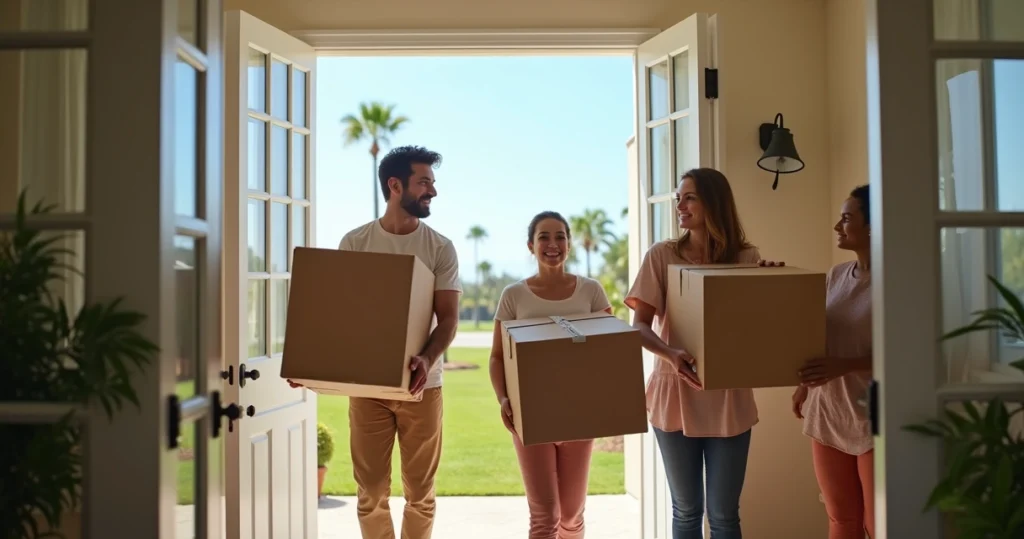 Family carrying boxes into new Florida home, palm trees outside 