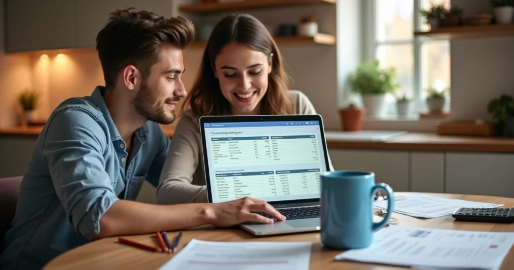 Family planning monthly budget with laptop and paperwork 