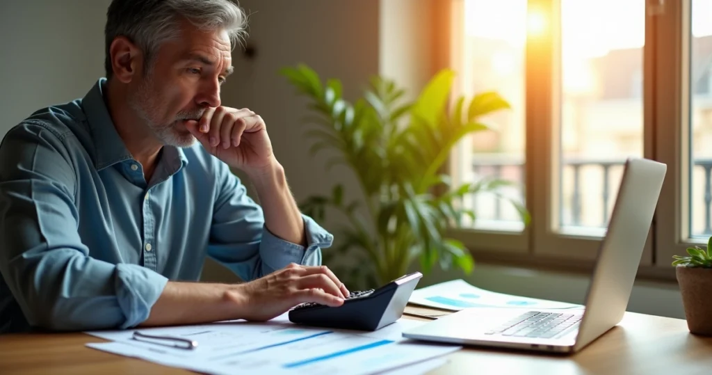Investor using calculator and laptop with documents nearby 