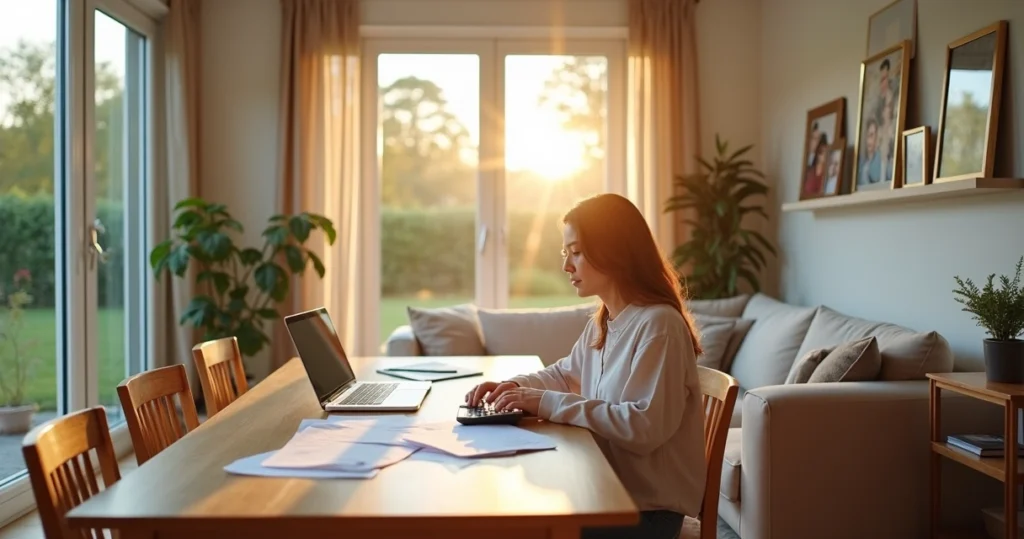 Modern living room with homeowner calculating home equity at table 