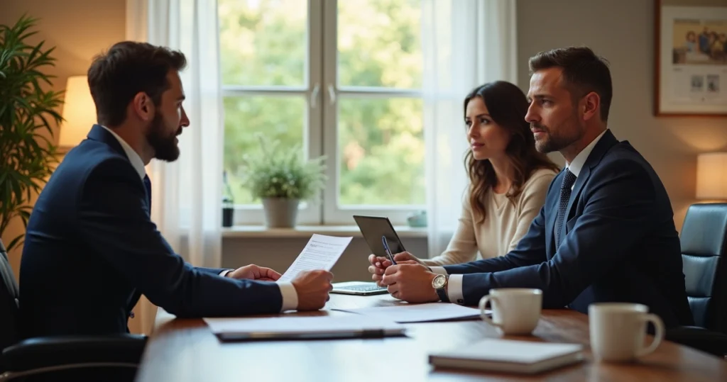 Mortgage specialists meeting with homebuyers at a desk 