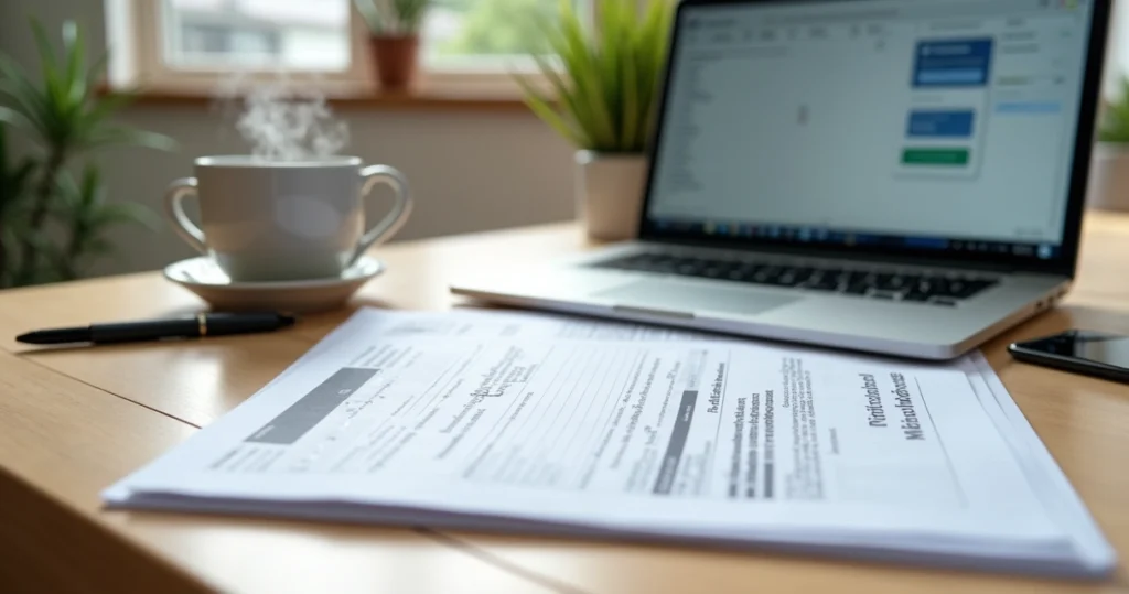 Mortgage refinancing documents on a table beside a laptop 