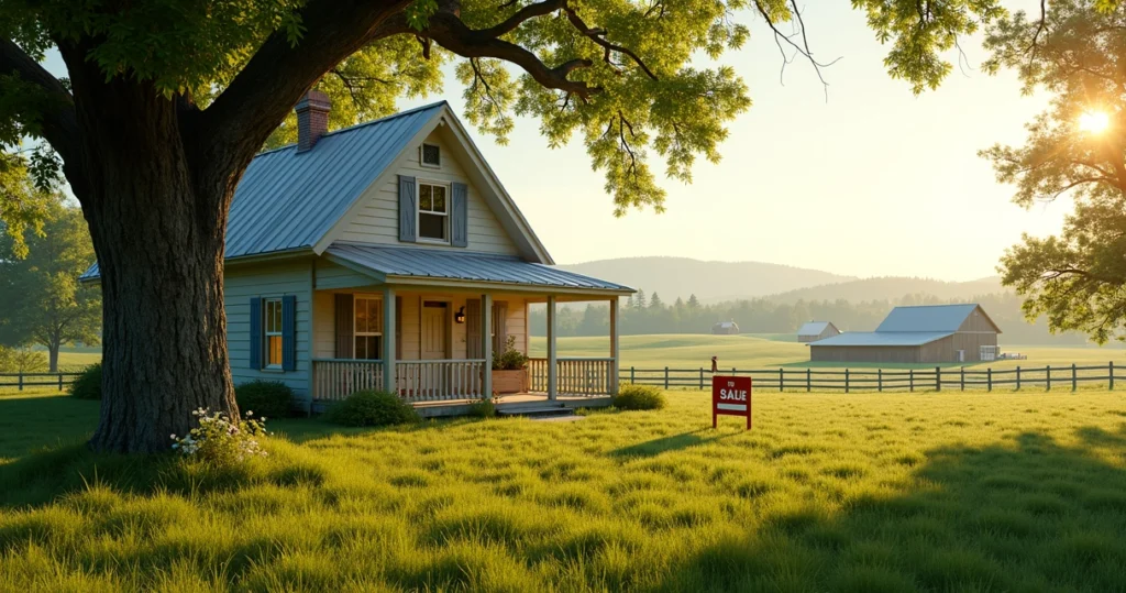 Rural home surrounded by trees with a for sale sign 