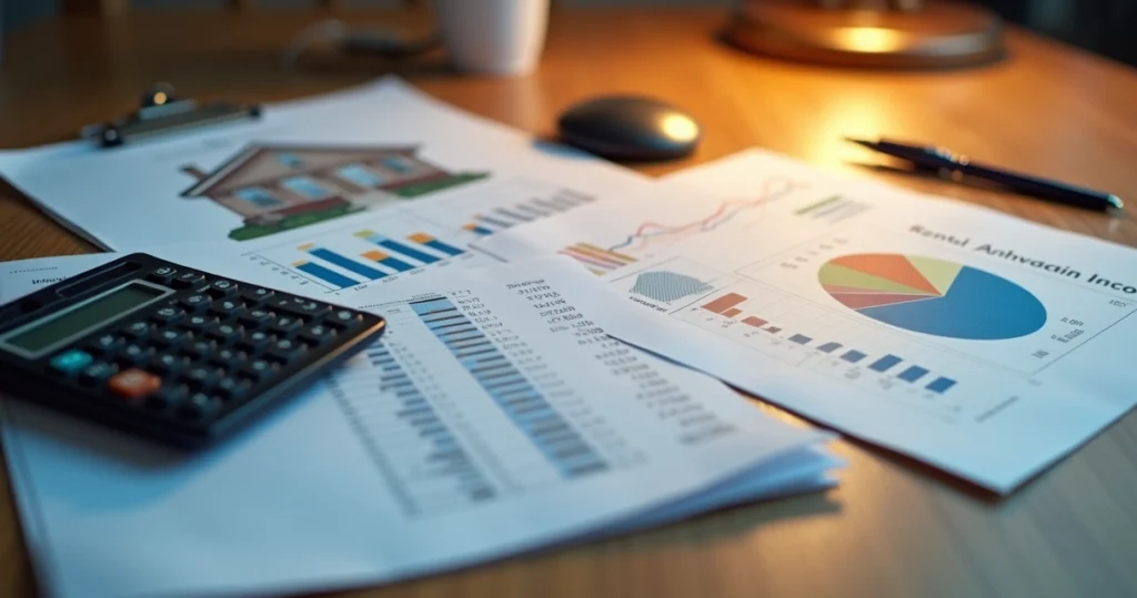 Rental property financial documents on desk