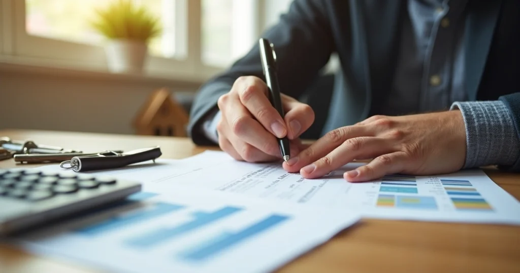 Homeowner signing equity cash-out refinance papers at desk 