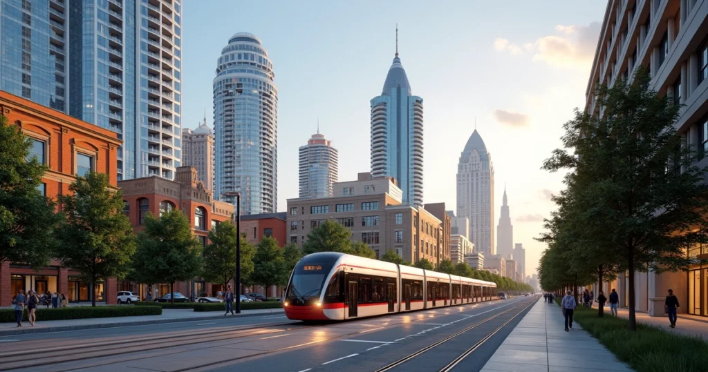Charlotte skyline with light rail train and new apartment buildings 