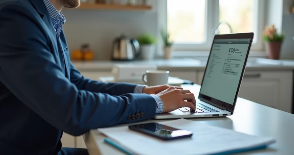 Person checking credit report on laptop with documents nearby 