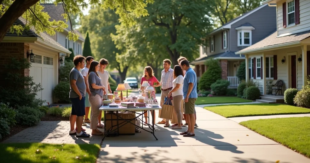 Table with various household items at a garage sale 