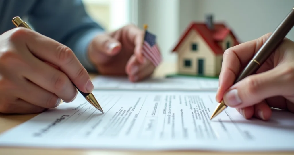 Close-up of hands signing VA loan home buying application